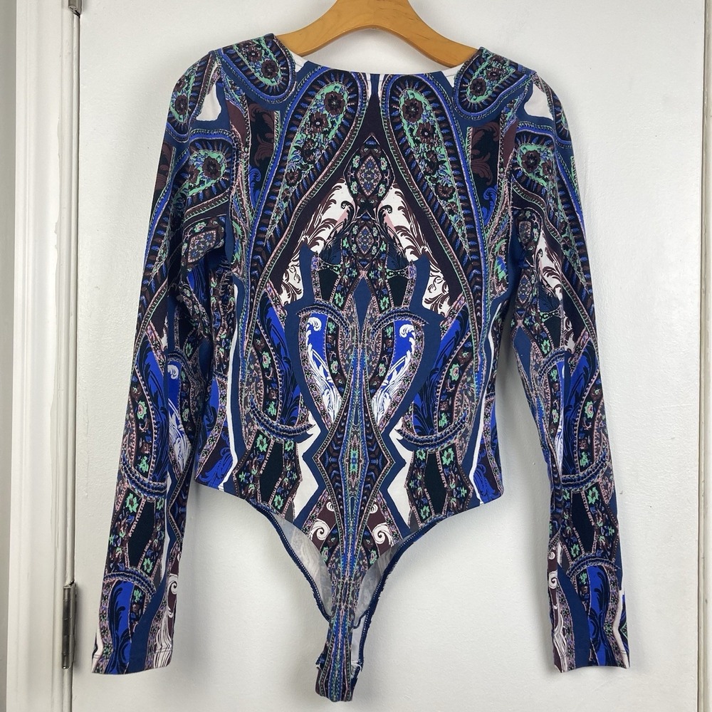 Free People NWT Pick A Place Long Sleeve Bodysuit Blue Combo Paisley Boho sz M - Picture 8 of 13